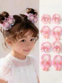 2个装 女孩可爱粉色花朵绒球发圈 - 粉色 - 查看 1