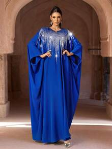 新款优雅复古圆领镂空长款阿拉伯传统长袍 - 寶藍色 - 查看 5