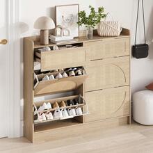 Rattan Shoe Storage Cabinet, Narrow Freestanding Organizer Shoe Rack Organizer With Adjustable Shelves And Sleek Metal Handles For Entryway, Natural Wood Color - 橡木 - 查看 1