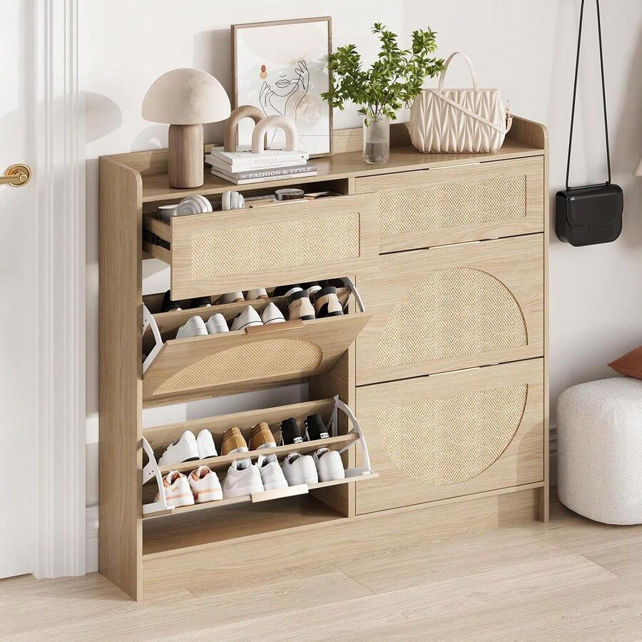Rattan Shoe Storage Cabinet, Narrow Freestanding Organizer Shoe Rack Organizer With Adjustable Shelves And Sleek Metal Handles For Entryway, Natural Wood Color - 橡木 - 查看 1