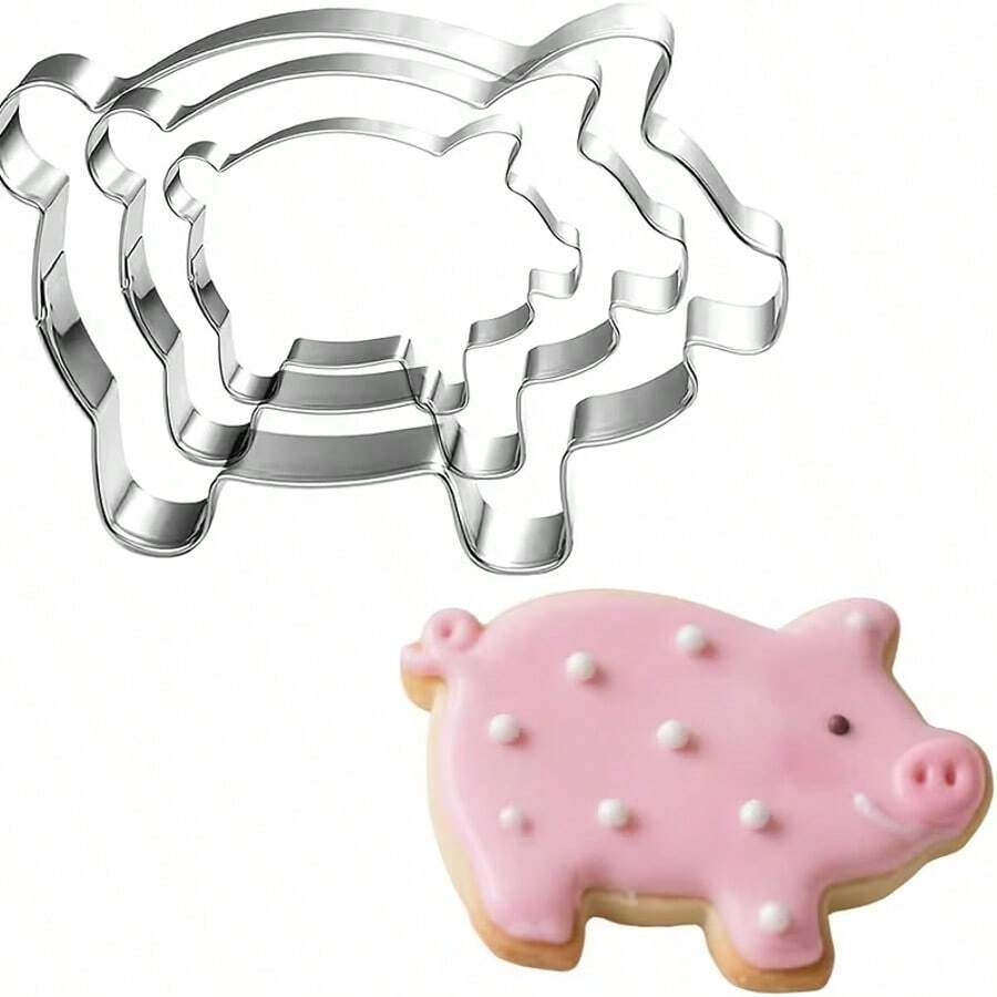 3pcs Pig Shaped Cookie Cutter Set, Cute Pig Cookie Mold, Animal Gummy Cookie Cutter, For Baking And Dishwasher - Silver - View 1