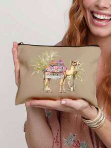 Camels & Coconut Trees Print Makeup Bag, Reusable Cosmetic Pouch With Camels Design, Toiletry Organizer Bag, Zippered Cosmetic Bag, Lightweight Coin Purse, Storage Bag - Multicolor - View 13