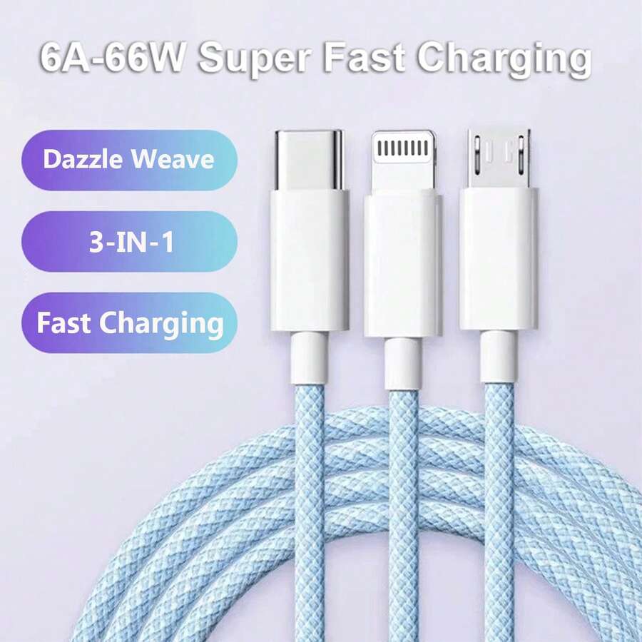 3-In-1 Nylon Braided USB A To Type-C/Micro USB/Lightning Cable, Multi-Functional Fast Charging Data Cable, Compatible With IPhone////IPad, Efficient And Durable - Blue - Multicolor - View 1