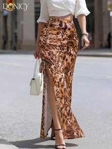 DONICY Women's Leopard Print Pleated Slit Maxi Dress, Fashion Versatile For Spring, Summer, Autumn, Suitable For Dates, Carnivals, Parties, Casual Outings - Coffee Brown - View 1