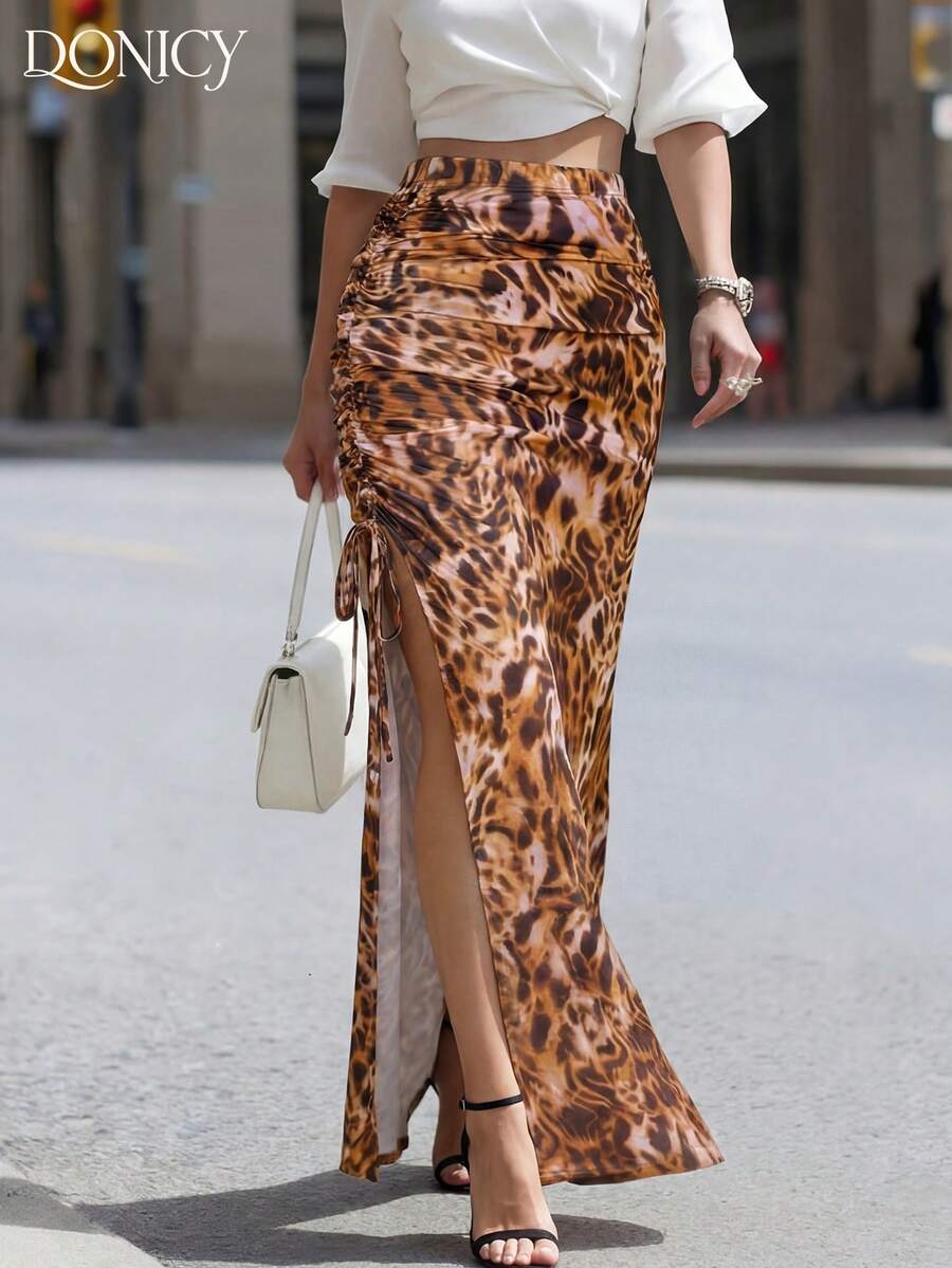 DONICY Women's Leopard Print Pleated Slit Maxi Dress, Fashion Versatile For Spring, Summer, Autumn, Suitable For Dates, Carnivals, Parties, Casual Outings - Coffee Brown - View 1