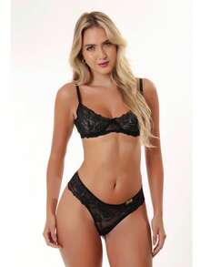 Sexy Lace Lingerie Set, Demi-Cup Bra With Underwire. - Đen - Xem 2