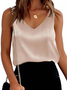 Womens Silk Satin Tank Tops V Neck Casual Cami Sleeveless Camisole Blouses Summer Basic Tank Shirt - 杏色 - 查看 1