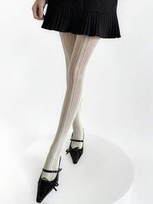 1Pair Ins Style Spring/Summer Hollow Out Vertical Striped Women's Lace Fishnet Stockings Pantyhose Japanese Pure Desire White Stockings Sexy Sweet Girly Style Stockings Base Pantyhose Lolita Pantyhose - White - View 1