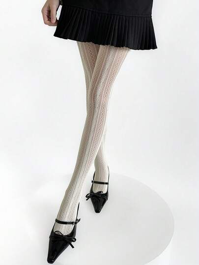 1Pair Ins Style Spring/Summer Hollow Out Vertical Striped Women's Lace Fishnet Stockings Pantyhose Japanese Pure Desire White Stockings Sexy Sweet Girly Style Stockings Base Pantyhose Lolita Pantyhose