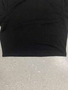 Women'S Pure Black Crop Top |     Divine Alliance Bold And Confident Black Short Sleeve Round Neck Stretch Blend Fabric, Easy Care, Suitable For Spring Summer Autumn, Versatile Fashion Top, Comfortable Elastic Fit, Printed Design - Black - View 5