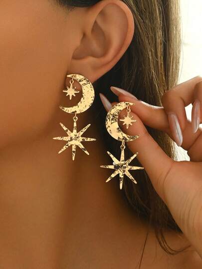 1 par de pendientes de mujer con estilo de Oriente Medio para el Ramadán, pendientes minimalistas de metal con forma de estrella y luna, para uso diario y regalo de fiesta para amigos