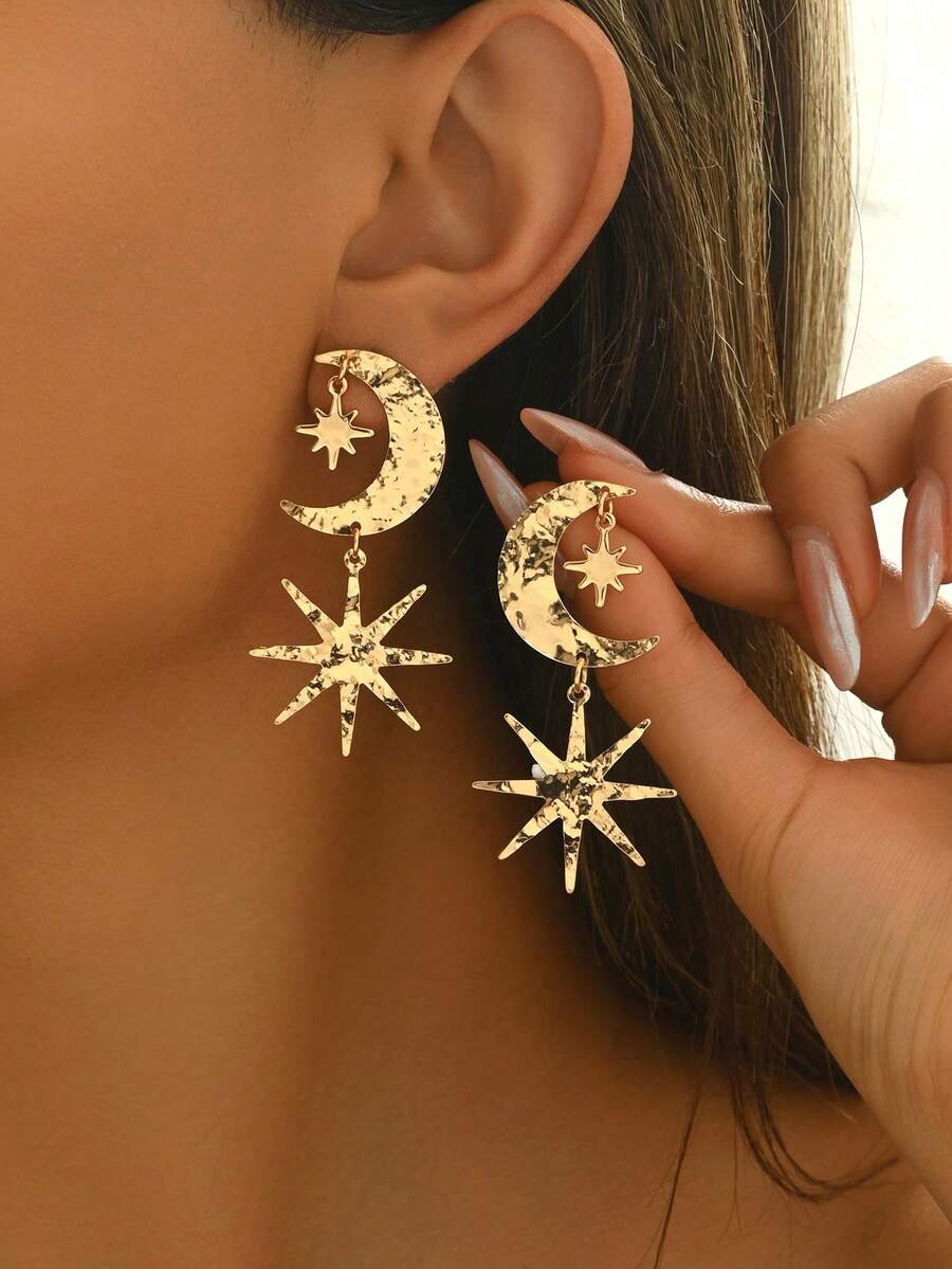 一对中东斋月风格女士耳环，简约金属星月耳钉，日常佩戴及派对礼物，送给朋友的理想之选 - Golden - 查看 1