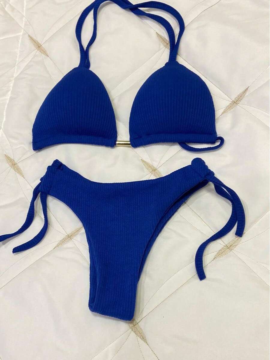 Ribbed Triangle Bikini Bottom, Double String Bikini Bottom, Semi-Thong - azul real - Ver 1