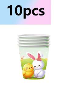 10pcs Easter Bunny & Egg Theme Party Supplies, Including Plates, Cups, Napkins, Camping/Travel Essentials, Birthday, Wedding, Banquet - Multicolor - View 4