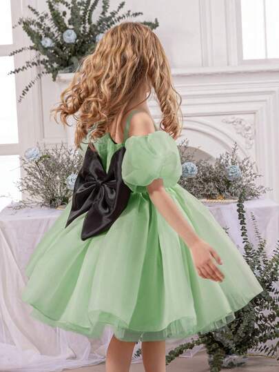 Young Girl Bow Tie Strap Tulle Elegant Party Dress, Princess Dress Suitable For Little Girls Flower Girl, Wedding, Party, Birthday, Prom And Other Formal Occasions