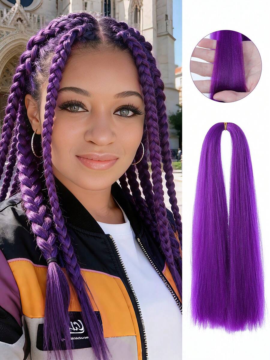 1包14英寸紫色编织假发 | 直发亚麻质感合成接发 - 彩色 - 查看 1