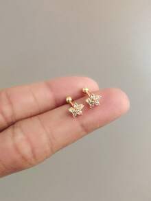 HuooNew 1 Pair Elegant 925 Sterling Silver Cubic Zirconia Gold Star Stud Earrings, Suitable As Birthday Gift For Girls - Yellow Gold - View 7