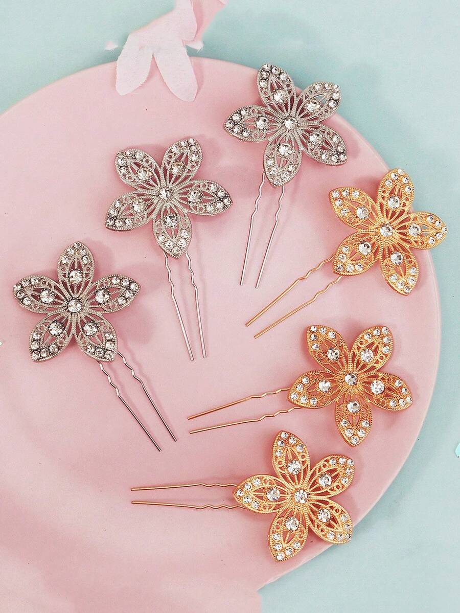 3pcs Elegant Floral Hair Clips, Alloy Rhinestone Exaggerated Hair Accessories For Wedding Bride Hairstyle - Three-pack - View 1