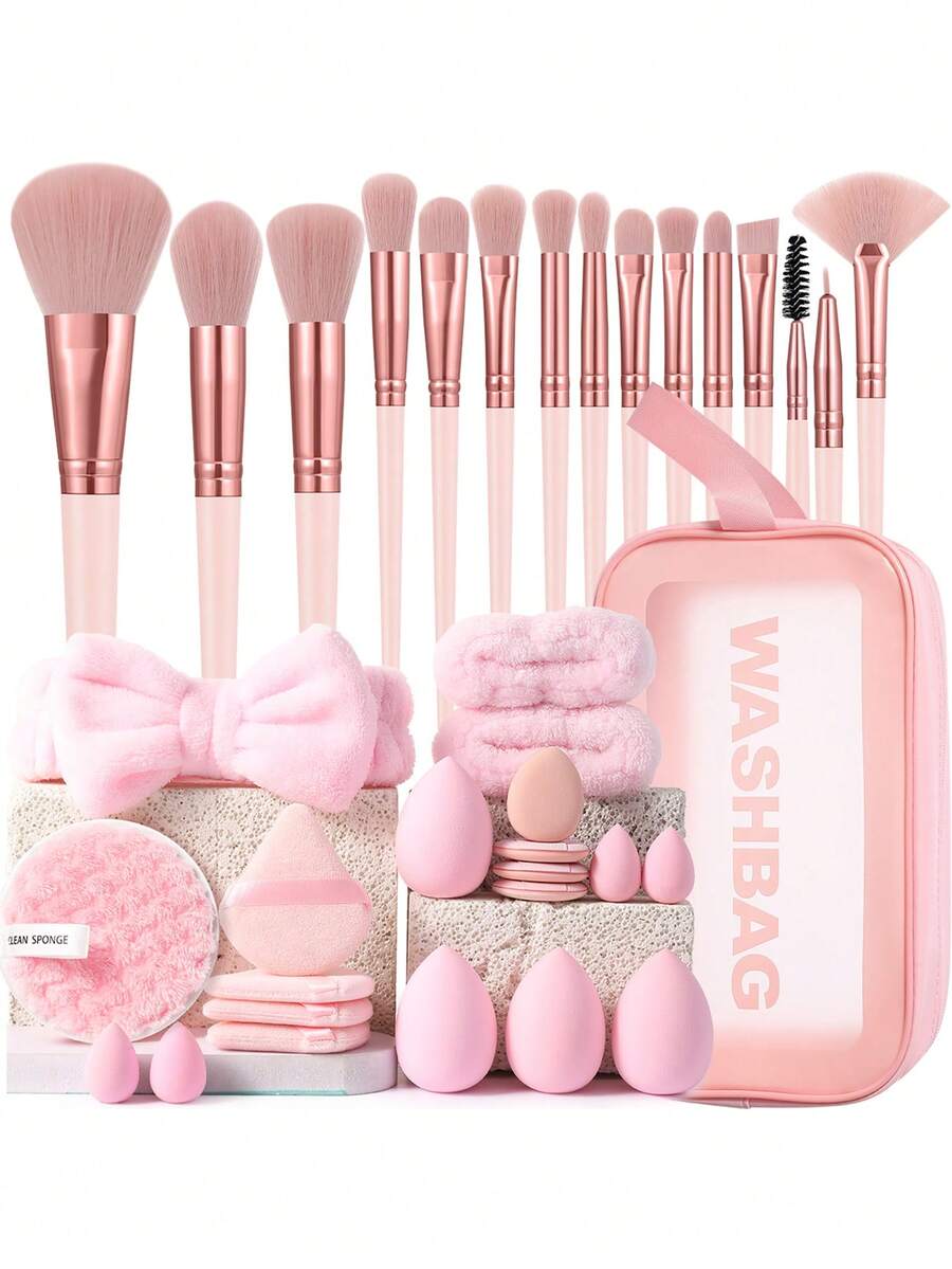 36PCS Makeup Tools Set Including:15PCS Makeup Brush Set+1pc Multi-Functional Zipper Toiletry And Cosmetic Bag Waterproof+4PCS Makeup Sponges+4PCS Mini Makeup Sponges+4PCS Triangle Powder Puffs+4PCS Mini Air Cushion Powder Puffs+1pc Hairband+2PCS Hand Bowl Strap+1pc Facial Cleansing Sponges - Pink - View 1