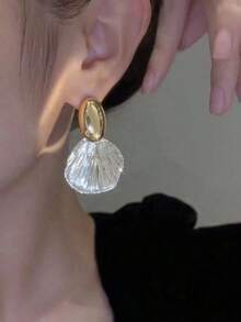 1pair Large Metallic Shell Shaped Women's Earrings Gold Silver Color Geometric Asymmetrical Minimalist Style Vintage Jewelry Party Gift Fashion Accessory LFVV - 銀色 - 查看 3