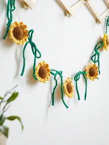 1pc Handmade Crochet Sunflower Garland, Yellow & Brown Knitted Sunflower Banner With Green Tassels, Boho Cottagecore Home Decor, Wall Hanging & Window Curtain Accent, Bedroom & Living Room String Decoration, Nursery Floral Garland, Rustic Summer Party & Wedding Backdrop, Gift For Sunflower Lovers & Boho Home Enthusiasts - Multicolor - View 2