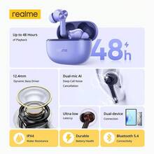 Realme Buds T200 Lite，蓝牙耳机，12.4mm 动圈低音单元，32dB 主动降噪，长达 50 小时播放时间，Hi-Res Audio 认证，双设备连接 2.0，黑色 - 白灰色 - 查看 2