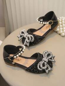 Big Kids Girls Casual School Flats Princess Style Bowknot Rhinestone Pearl Shoes - Black - View 6