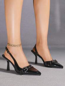 女士黑色尖头铆钉时尚派对日常休闲百搭舒适软底细高跟鞋 - 黑色 - 查看 2