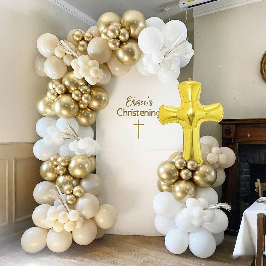 Bộ 10/99 bóng trang trí cổng vòm bóng bay cho lễ Rước lễ, bóng trang trí lễ Rửa tội, bao gồm bóng bay màu trắng, trắng ngà, vàng, bóng bay hình thánh giá vàng, bóng bay chữ "GODBLESS", thích hợp cho lễ Rước lễ, lễ Rửa tội, tiệc sinh nhật, cầu nguyện xin Chúa ban phước lành, chủ đề Tình yêu và Hòa bình, trang trí lễ Rước lễ lần đầu, trang trí lễ Thêm sức. - Nhiều màu - Xem 1