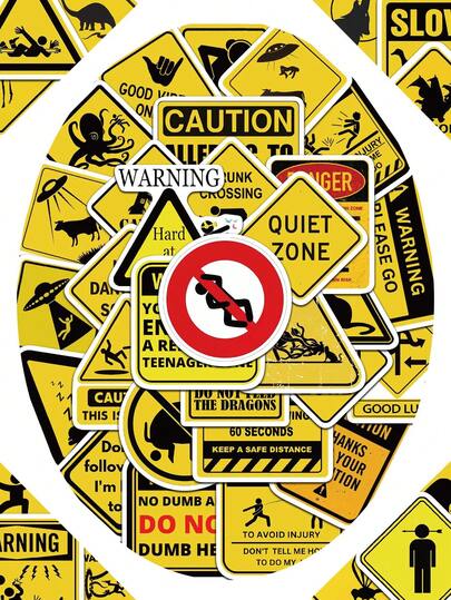 50张/套趣味卡通警告标志贴纸，装饰贴纸，适用于笔记本电脑、吉他、手机、文具、行李箱、笔记本等。