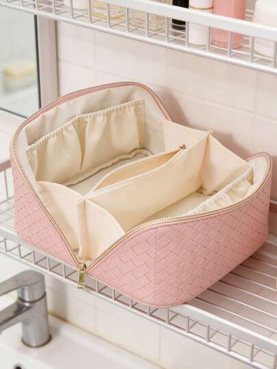 1pc Women's Luxury High-End Cosmetic Bag, Woven Texture PU Leather Waterproof Toiletry Bag, Portable Makeup Organizer Bag, Large Capacity Travel Accessories Pouch, Makeup Bag, Cosmetic Bag, Travel Makeup Bag, Home Makeup Bag, School Makeup Bag, Dorm Makeup Bag, Travel Essentials, Overnight Bag, Multifunctional Bag, Companion Bag, Valentine's Day Gift, Best Gift For Her , Makeup Room Decor