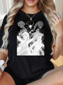 Frozen  And Anna T Shirt Women Cartoon Character Graphic Tee Summer Casual White Top - 黑色 - 查看 1