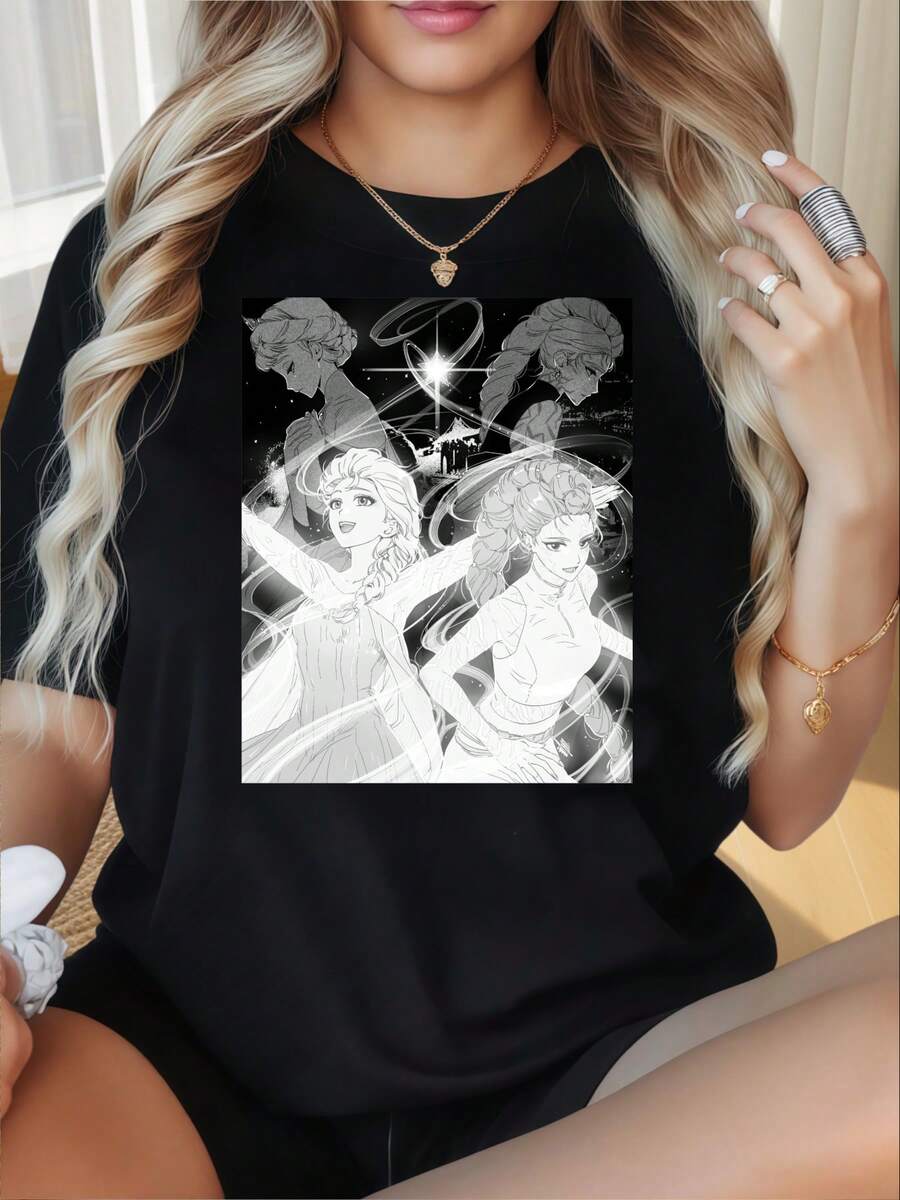 Frozen  And Anna T Shirt Women Cartoon Character Graphic Tee Summer Casual White Top - 黑色 - 查看 1