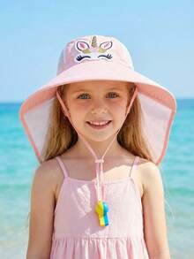 1 pieza Sombrero de cubo de tiburón de color azul marino para niños pequeños y niños, con dibujos animados, con correa para el cuello, cordón ajustable, gorra para deportes al aire libre, color de silbato aleatorio, primavera/verano - Unicornio rosa - Ver 10