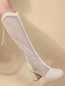 Snug Fit Tall Boots, Chunky Heel Net Boots For Teenagers, Women's Summer High Heel Net Mesh Hollow-Out Square Toe Knee-High Boots - White - View 3