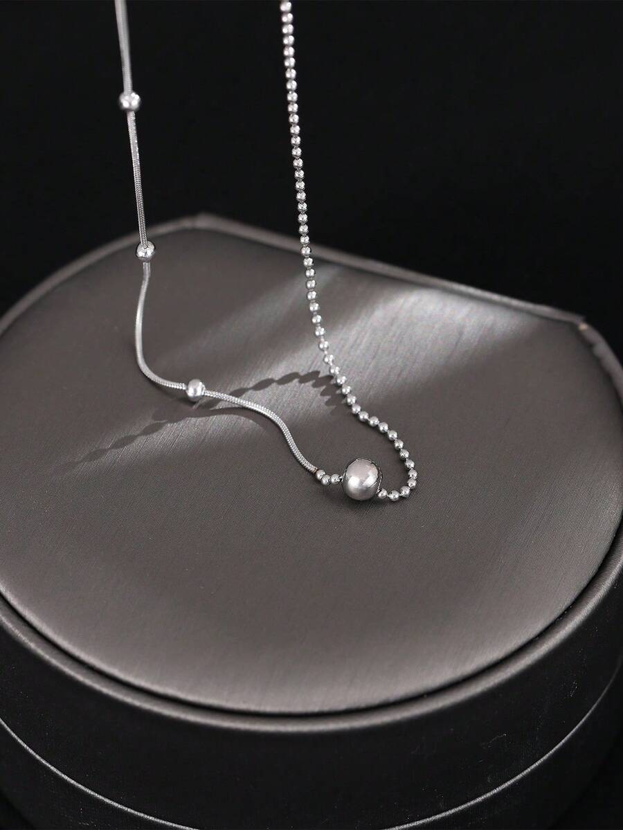 1pc Minimalist Bead Choker Necklace, Simple Clavicle Necklace (Random Bead Quantity) - Silver - View 1