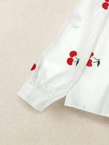 1pc Women's White Cherry Pattern Long Sleeve Shirt, Regular Length, Suitable For Everyday Wear Spring - White - View 7