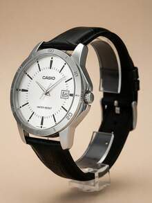 Casio 卡西欧男士商务真皮腕表，白色表盘，日期显示，优雅简约的办公腕表 - 銀色 - 查看 3