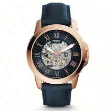 Fossil Men's Automatic Mechanical Leather Strap Three-Hand Watch, Stainless Steel Case/Scratch-Resistant Glass Lens ME3111/ME3100/ME3101/ME3102 - Navy Blue + Rose Gold Case - View 1