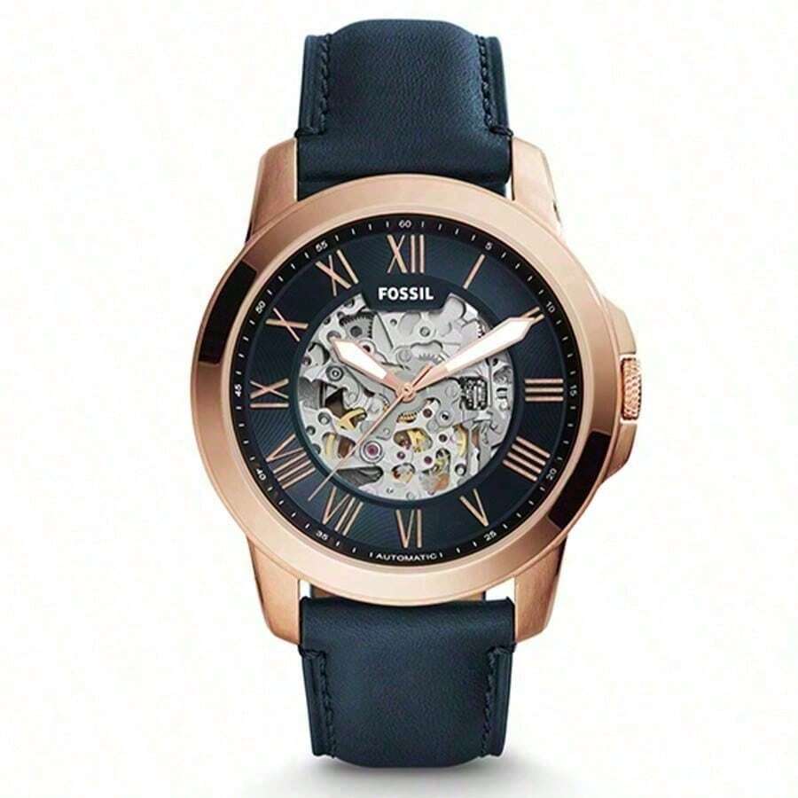 Fossil Men's Automatic Mechanical Leather Strap Three-Hand Watch, Stainless Steel Case/Scratch-Resistant Glass Lens ME3111/ME3100/ME3101/ME3102 - Navy Blue + Rose Gold Case - View 1