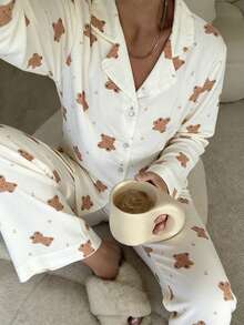 Nina Bonheur 2pcs Women Lapel Button Down Long Sleeve Bear Print Shirt Sleepwear + Elastic Waist Pants Cute Pajama Set - Apricot - View 2