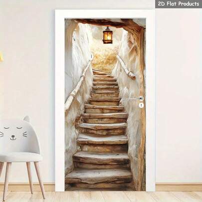 1/2 piezas Adhesivo para puerta de escalera, decoración de puerta con iluminación cálida, mural de puerta estilo campestre, barandilla de madera desmontable mural de pared de puerta, papel tapiz de puerta de rincón acogedor, adhesivo de puerta de pasillo estrecho para decoración del hogar, 2D plano