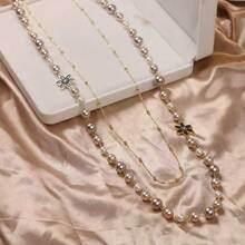 1件装时尚女士珍珠花朵项链，优雅多层毛衣链，百搭，适合外套、休闲和派对场合 - 6瓣花長項鍊 - 查看 7