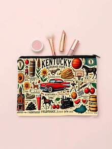 A Vintage Hand-Drawn Long Cosmetic Bag Featuring Elements Of Kentucky, Measuring - A Lightweight Storage Pouch For Cosmetics, Toiletries, Medicine, And - Reusable, Suitable As A Gift For Women, Men - Multicolor - View 2