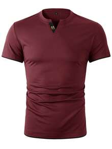 1件男士时尚休闲酒红色V领短袖T恤 - 酒紅色 - 查看 3