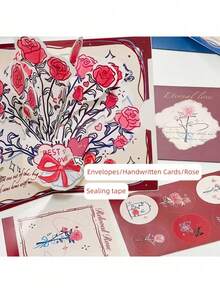 优雅粉色玫瑰3D立体贺卡，花卉设计——母亲节、生日、婚礼、周年纪念日的完美之选——送给妈妈、奶奶、妻子或植物爱好者的理想礼物 - 彩色 - 查看 9