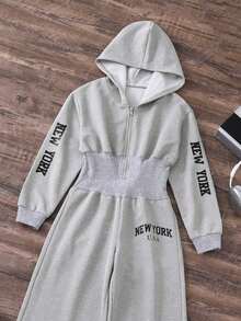 Girls' Stylish Letter Print Jumpsuit, Casual & Elegant Outdoor Fashion Design, Spring/Autumn - Grey - View 7