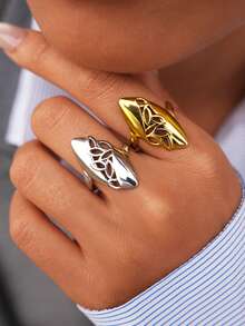 2pcs/1pc Vintage Fashion Stainless Steel 18K Gold Plated Women's Ring With Cutout Leaf Design Personalized For Everyday Wear - Multicolor - View 4
