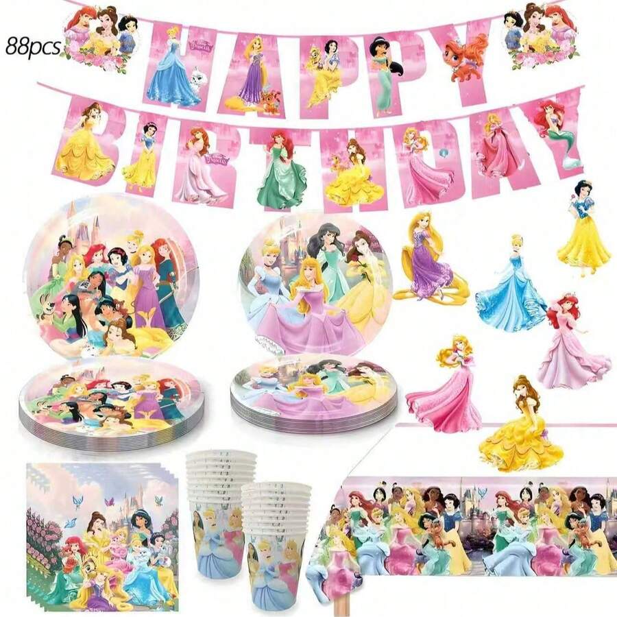 88pcs Cartoon Princess Theme Tableware Set, Including 7-Inch Plates, 9-Inch Plates, Hanging Flags, Napkins And Tablecloth, Suitable For Various Occasions Like Festivals, Parties And Gatherings - Multicolor - View 1