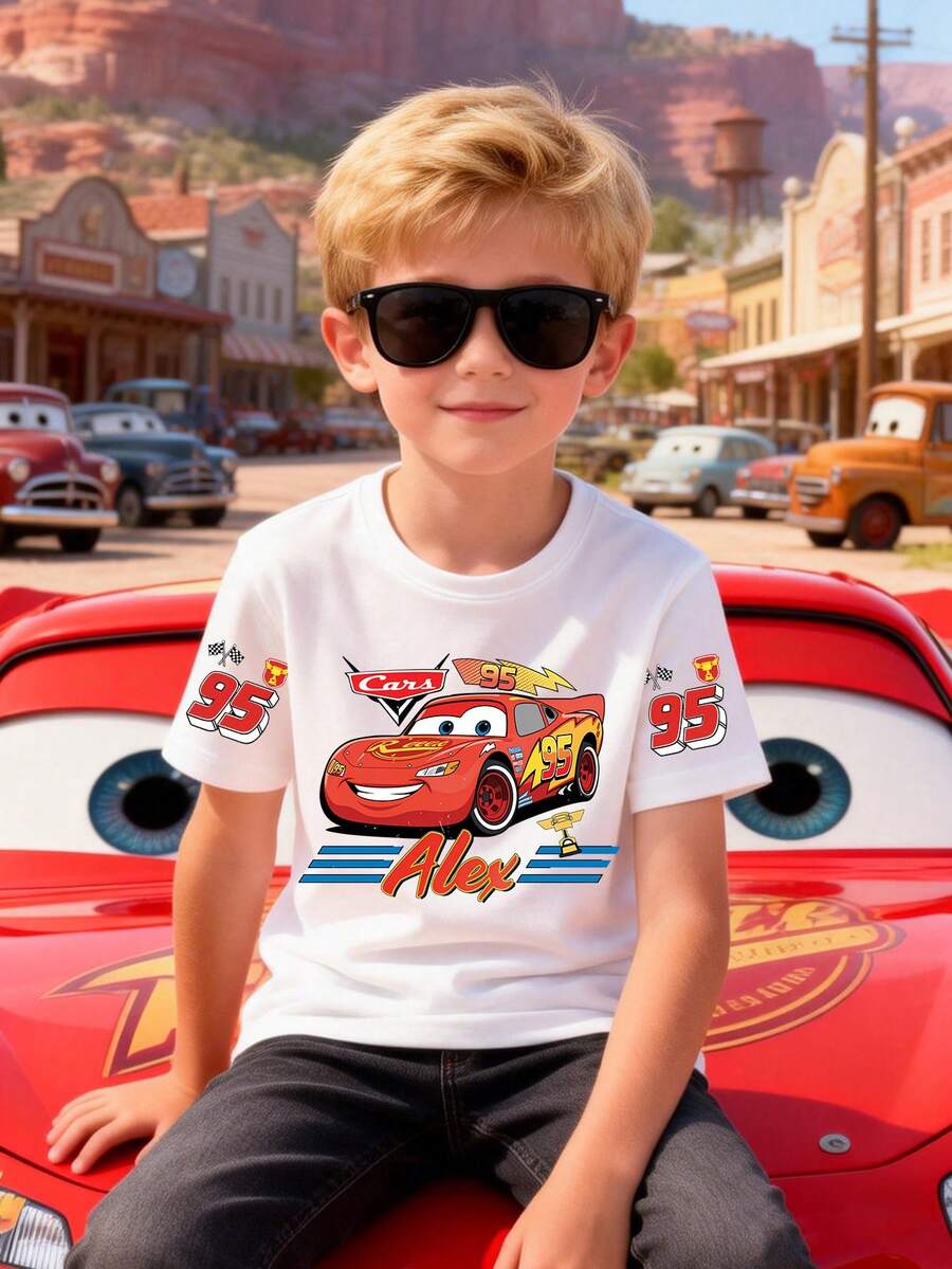 Disney Boys' T-Shirt Featuring A Creative Multi-Heat-Transfer Print Of Lightning McQueen From Cars. Made From Soft, Comfortable, And Breathable Fabric, It's Perfect For Everyday Wear, Outings, And Activities-And Makes An Ideal Gift For Kids. - White - View 1